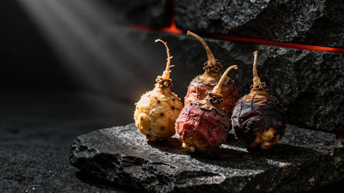 Vier getrocknete Maca-Knollen in Gelb, Rot und Schwarz auf dunklem Vulkangestein, dahinter rot glühende Fugen und ein Lichtstrahl von oben (KI-generiert)