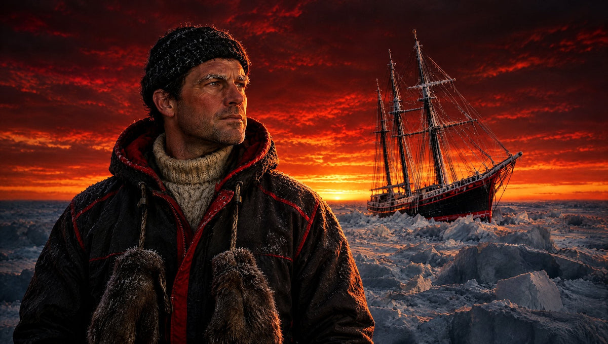 Ernest Shackleton im Eis vor seinem Schiff mit schwarz-rotem Rumpf, Himmel blutrot (KI-generiert)