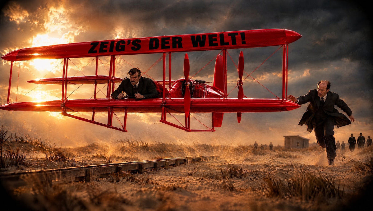 Ein roter Doppeldecker mit „ZEIG’S DER WELT!“ auf der Tragfläche hebt im Sturmlicht über den Dünen von Kitty Hawk ab, Wilbur Wright rennt hinterher (KI-generiert)