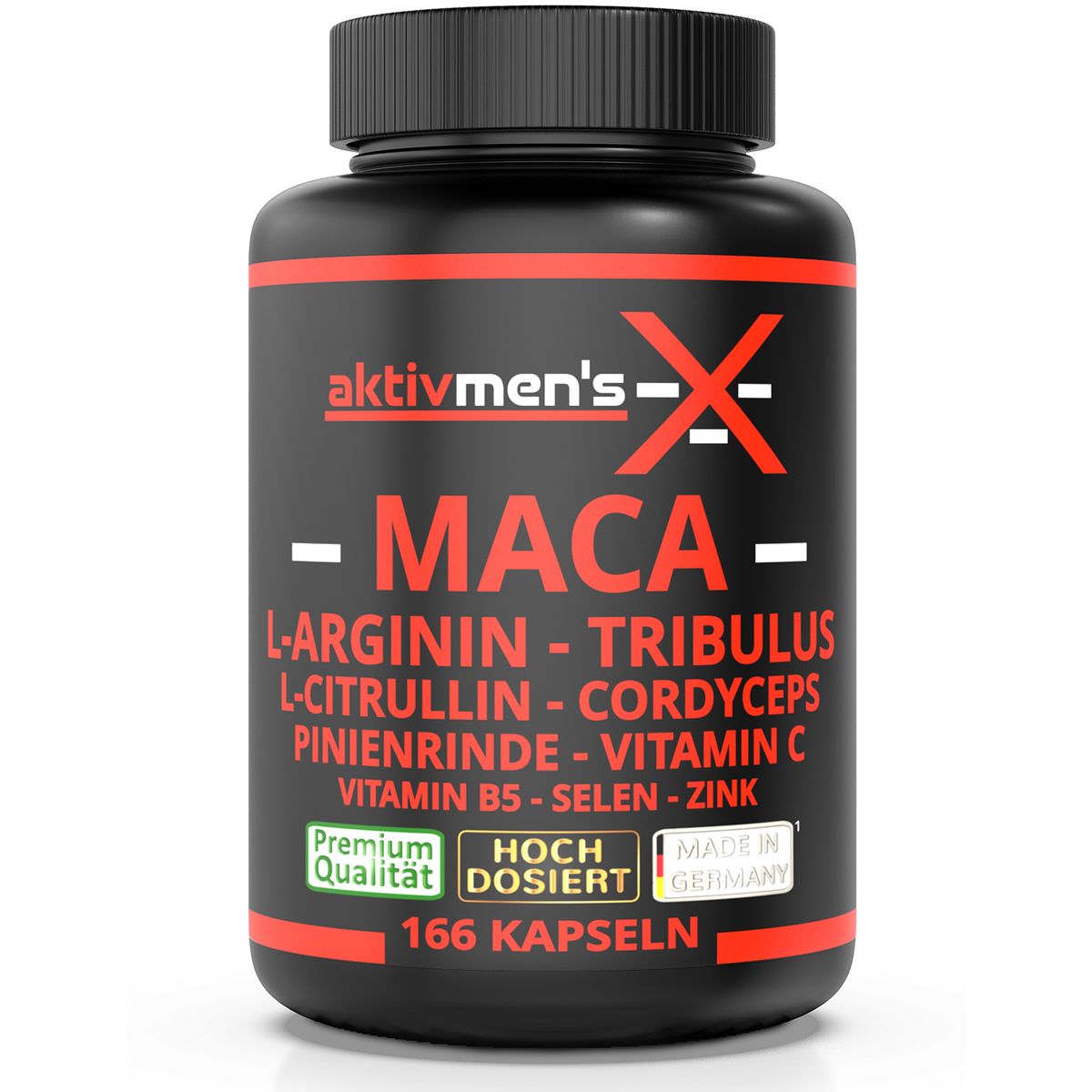 Dose aktivmen's X-MACA mit Maca, L-Arginin, Tribulus, L-Citrullin, Cordyceps, Pinienrinde, Vitamin C, Vitamin B5, Selen und Zink, 166 Kapseln