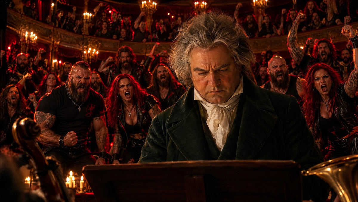 Beethoven am Pult im Kerzenlicht-Opernsaal, hinter ihm brüllen tätowierte Rebellen in schwarzem Leder mit roten Details und recken die Fäuste (KI-generiert)