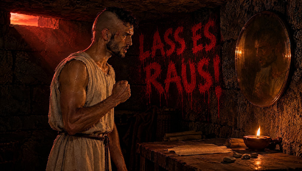 Demosthenes mit halb rasiertem Kopf in seiner unterirdischen Kammer, an der Wand steht in roter Farbe „LASS ES RAUS!“ (KI-generiert)