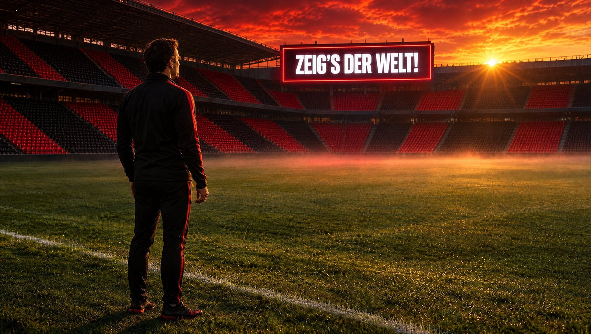 Ein Mann in schwarzer Trainingskleidung steht im leeren Stadion mit schwarz-roten Rängen, auf der Anzeigetafel leuchtet „ZEIG’S DER WELT!“ (KI-generiert)