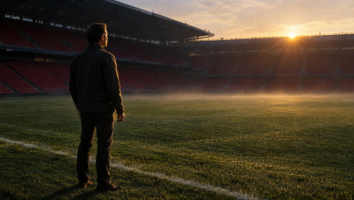 Ein Mann in dunkler Jacke steht, von hinten gesehen, im ersten Morgenlicht allein auf dem taufeuchten Rasen eines leeren Stadions mit roten Sitzreihen und blickt über das neblige Spielfeld zur aufgehenden Sonne über der Tribüne (KI-generiert)