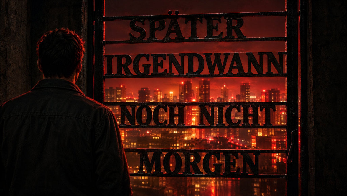 Ein Mann steht, von hinten gesehen, im Dunkeln vor einem geschlossenen, aber unverriegelten Eisengatter, dessen Streben aus den Wörtern SPÄTER, IRGENDWANN, NOCH NICHT und MORGEN bestehen, dahinter glüht eine Großstadt in rotem Licht (KI-generiert)