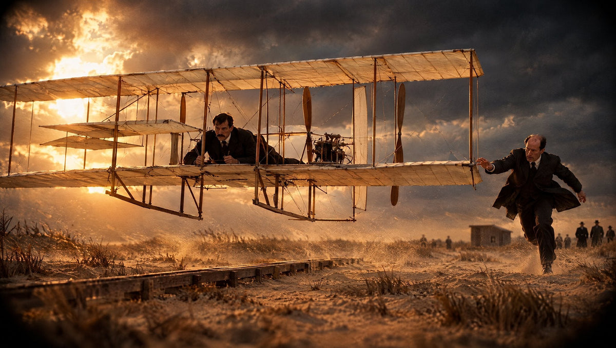 Der hölzerne Doppeldecker der Brüder Wright hebt im Sturmlicht über den Dünen von Kitty Hawk von der Startschiene ab, Orville liegt am Steuer und Wilbur rennt neben der Tragfläche her (KI-generiert)