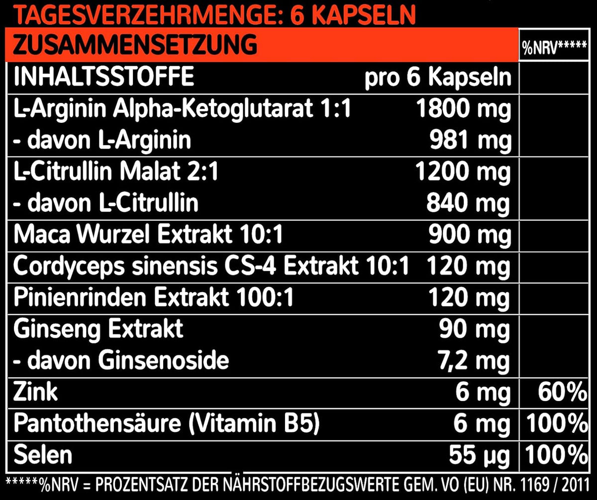 Zusammensetzung pro 6 Kapseln: L-Arginin Alpha-Ketoglutarat, L-Citrullin Malat, Maca Wurzel Extrakt 10:1, Cordyceps, Pinienrinden Extrakt 100:1, Ginseng, Zink, Vitamin B5 und Selen