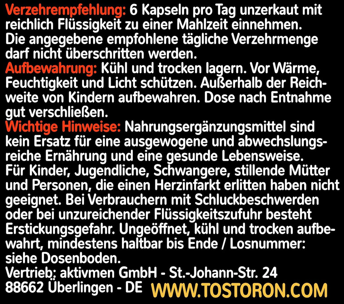 Verzehrempfehlung, Aufbewahrung und wichtige Hinweise zu den Tostoron Kapseln