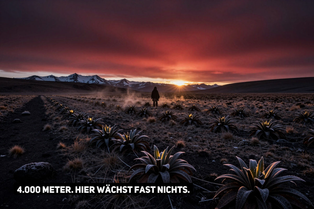 Hochebene in den peruanischen Anden bei Sonnenaufgang: Ein Mann steht am Ende eines Maca-Felds mit flachen Blattrosetten, dazu der Schriftzug „4.000 METER. HIER WÄCHST FAST NICHTS.“ (KI-generiert)