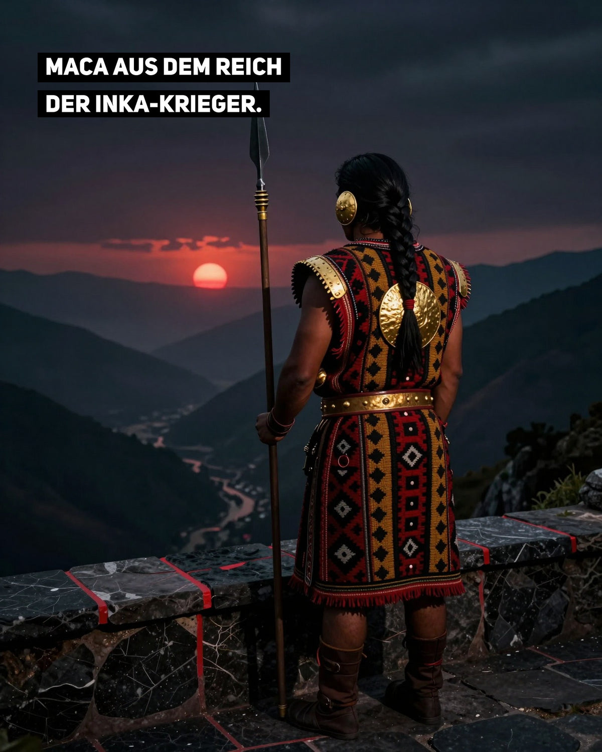 Ein Inka-Krieger mit Speer und goldenem Ohrschmuck blickt bei Sonnenuntergang von einer Mauer über ein Andental, dazu der Schriftzug „MACA AUS DEM REICH DER INKA-KRIEGER.“ (KI-generiert)