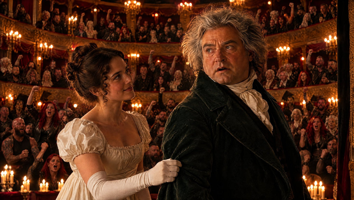 Eine junge Frau zupft Beethoven am Ärmel, damit er den Jubel sieht; im Publikum brüllen moderne Rebellen in Schwarz-Rot mit geballten Fäusten (KI-generiert)