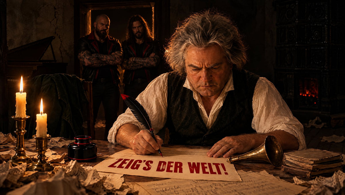 Beethoven schreibt bei Kerzenlicht, auf dem Notenblatt steht in Rot „ZEIG’S DER WELT!“, im dunklen Türrahmen wachen zwei tätowierte Rebellen (KI-generiert)