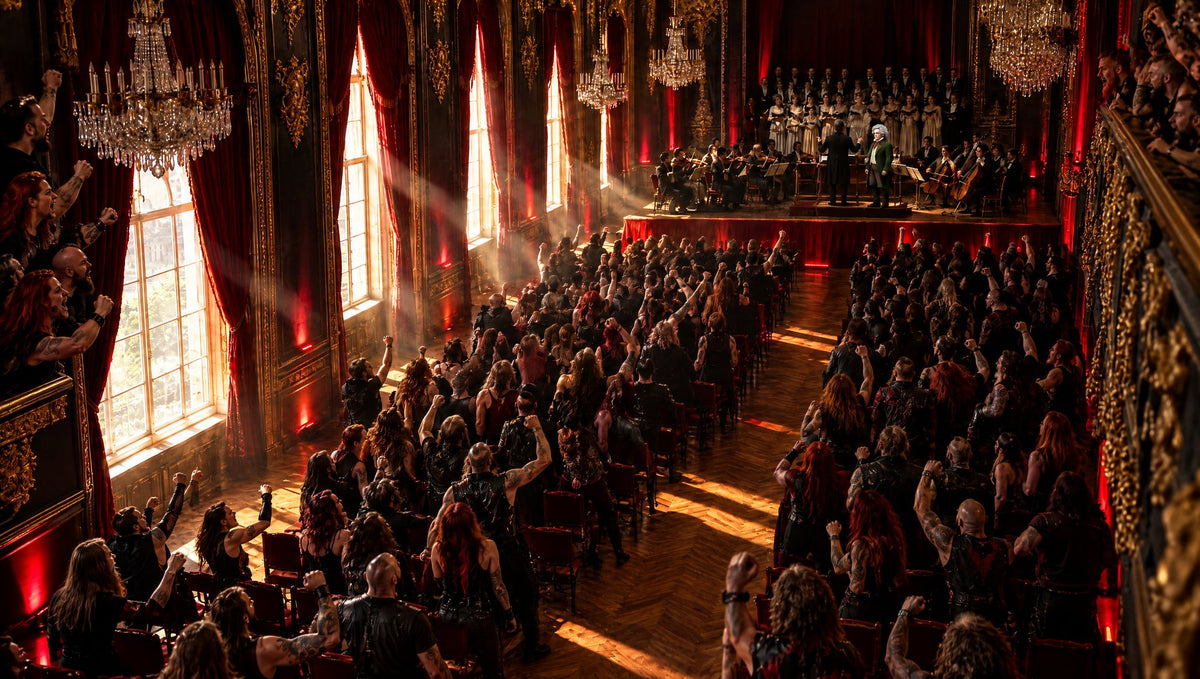 Konzertsaal mit Orchester, im Publikum stehen brüllende Rebellen in Schwarz-Rot mit erhobenen Fäusten (KI-generiert)