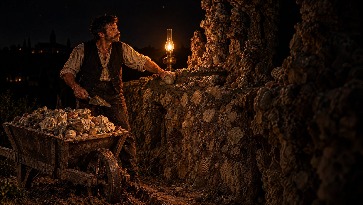 Nachts setzt ein Mann im Licht einer Öllampe Steine in eine wachsende Mauer aus Kieseln und Muscheln, neben ihm eine voll beladene hölzerne Schubkarre (KI-generiert)