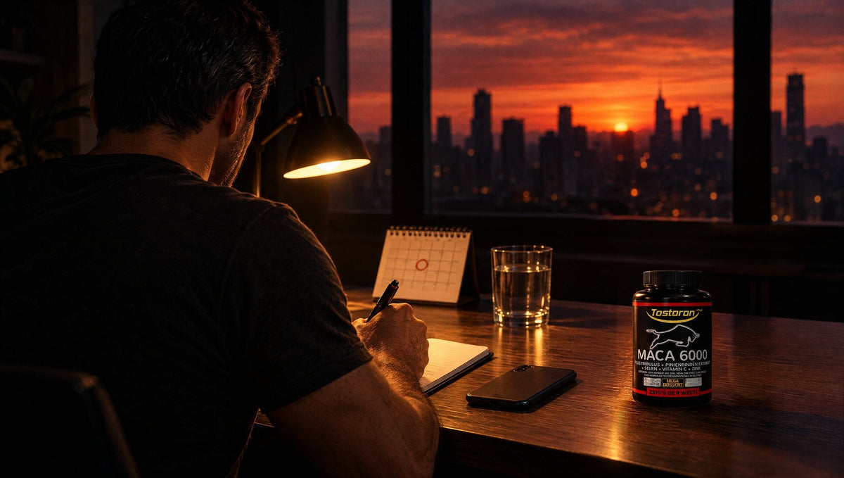 Ein Mann schreibt um fünf Uhr morgens im Licht einer Schreibtischlampe in ein Notizbuch, vor dem Fenster glüht der Morgenhimmel über der Stadt, auf dem Tisch ein Kalender mit rot eingekreistem Tag und eine Dose Tostoron MACA 6000 (KI-generiert)