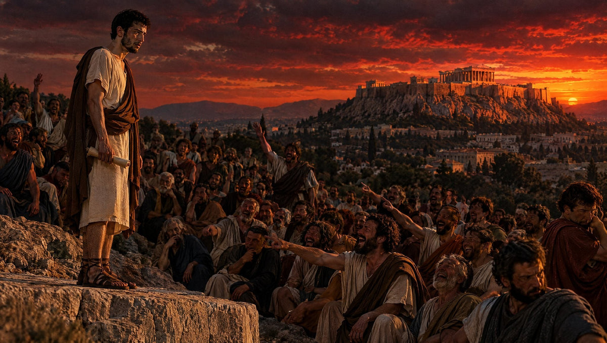Der junge Demosthenes steht mit einer Schriftrolle auf dem Felsen der Pnyx, unter ihm lacht eine Menge Athener und zeigt auf ihn, dahinter die Akropolis im glutroten Abendhimmel (KI-generiert)