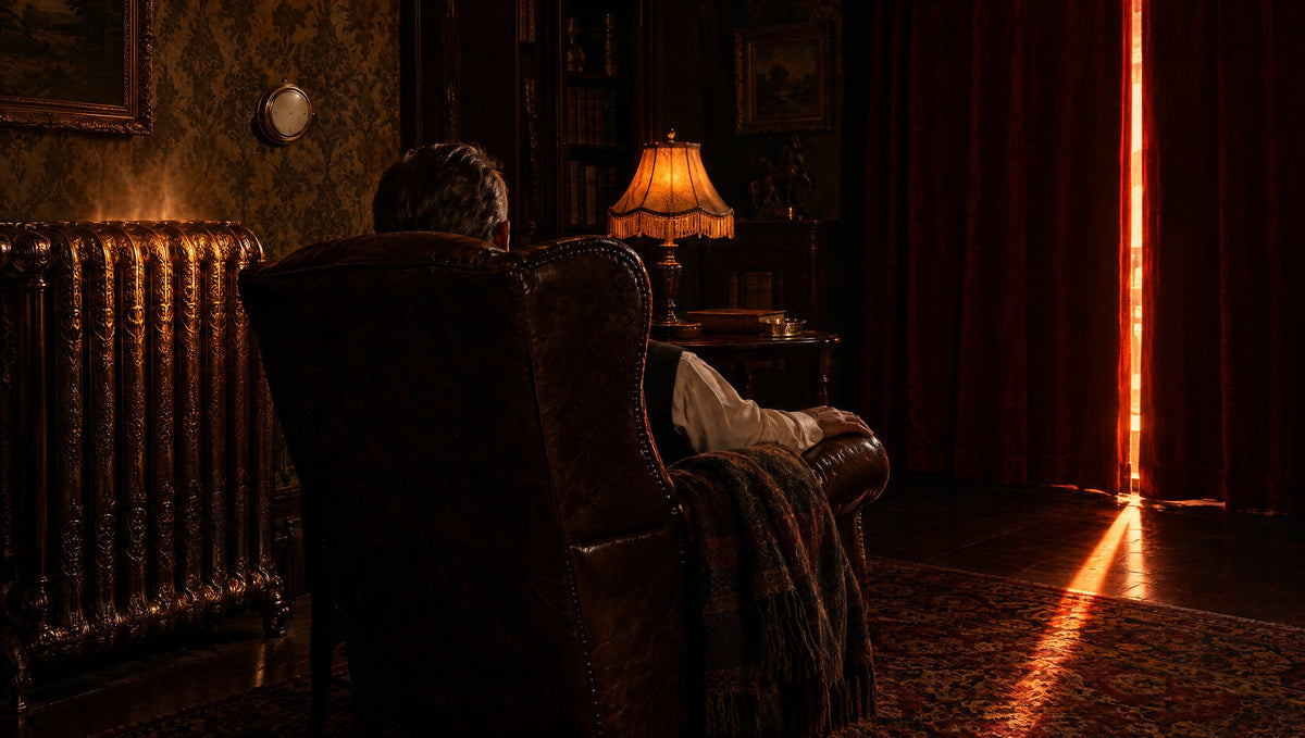 Ein Mann sitzt, von hinten gesehen, in einem ledernen Ohrensessel neben einem warmen Heizkörper in einem behaglichen Zimmer im Stil der 1920er-Jahre, während ein roter Lichtstreifen durch den Vorhangspalt fällt (KI-generiert)