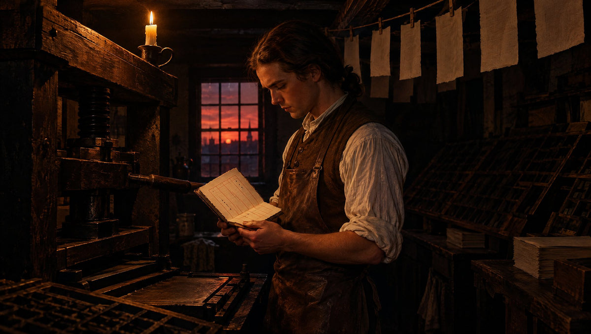 Der junge Buchdrucker Benjamin Franklin steht im Morgengrauen in seiner Druckerei neben der hölzernen Handpresse und betrachtet im Kerzenlicht ein kleines Büchlein mit rot linierten Spalten und schwarzen Punkten (KI-generiert)