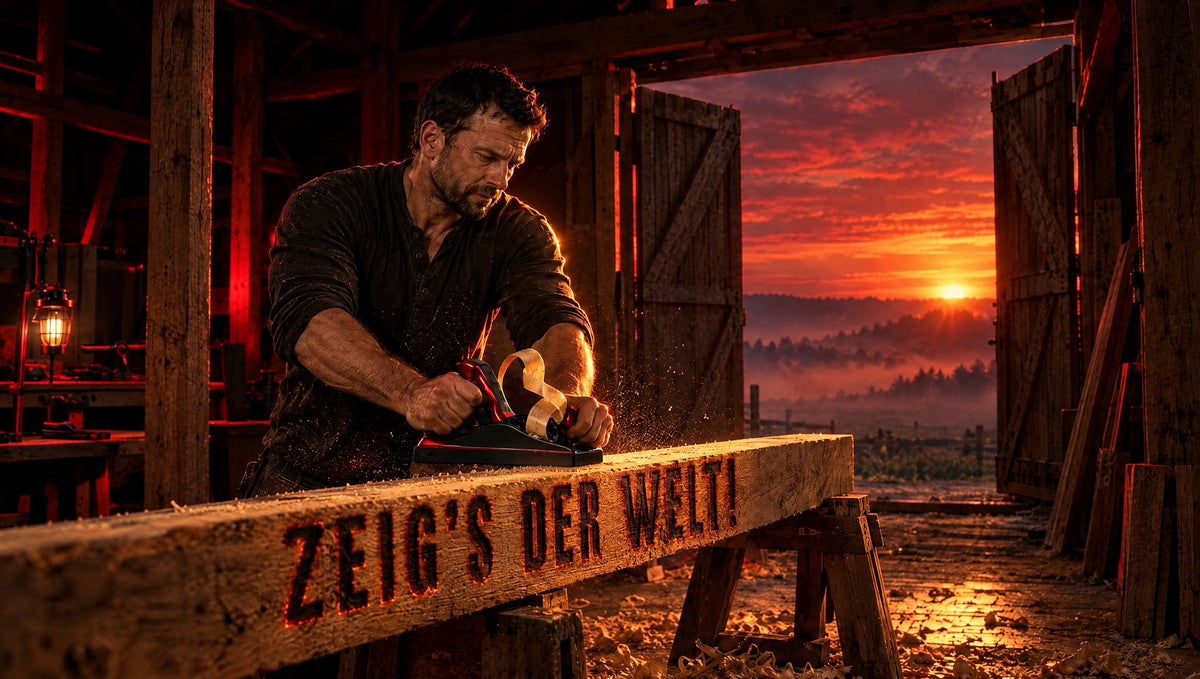 Ein Mann hobelt einen Balken, in den „ZEIG’S DER WELT!“ eingebrannt ist, Werkstatt in Schwarz-Rot im Abendlicht (KI-generiert)