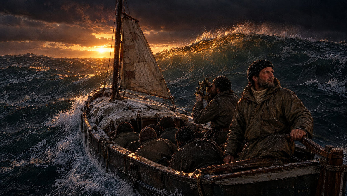 Ein kleines offenes Rettungsboot mit sechs Mann kämpft sich durch riesige Wellen des Südpolarmeers, ein Seemann misst mit dem Sextanten die kurz durch die Wolken brechende Sonne (KI-generiert)