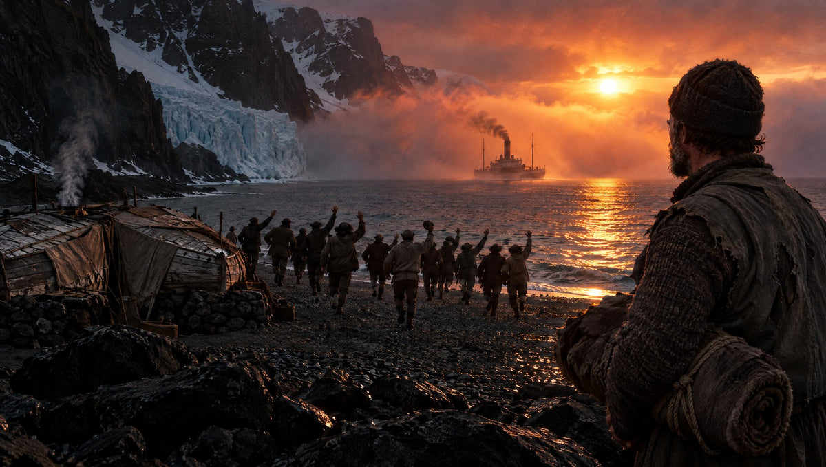Auf dem steinigen Strand von Elephant Island laufen die Gestrandeten jubelnd einem Dampfschiff entgegen, das aus dem Nebel auftaucht, vorn steht ein Mann mit zusammengerolltem Schlafsack unter dem Arm (KI-generiert)