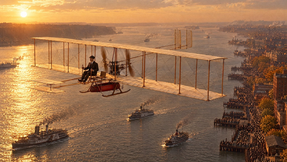 Wilbur Wright fliegt im Abendlicht mit seinem offenen Wright-Doppeldecker und einem roten Notkanu darunter über den Hudson, während auf dem Fluss Dampfschiffe fahren und am Ufer von Manhattan dicht gedrängte Menschenmengen zuschauen (KI-generiert)