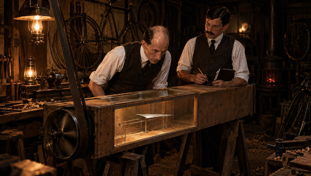 Wilbur Wright beugt sich nachts in der Fahrradwerkstatt in Dayton im Lampenlicht über den selbstgebauten hölzernen Windkanal mit einem kleinen Testflügel aus Blech, Orville macht sich daneben Notizen (KI-generiert)
