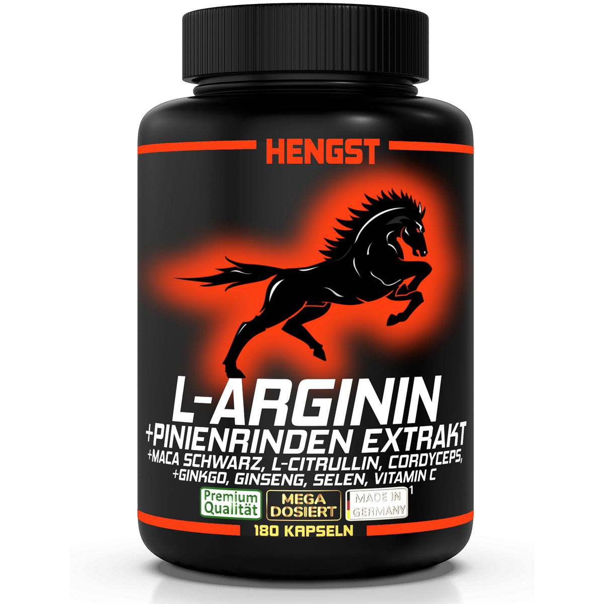 Dose L-ARGININ + PINIENRINDEN EXTRAKT mit Maca schwarz, L-Citrullin, Cordyceps, Ginkgo, Ginseng, Selen und Vitamin C, 180 Kapseln