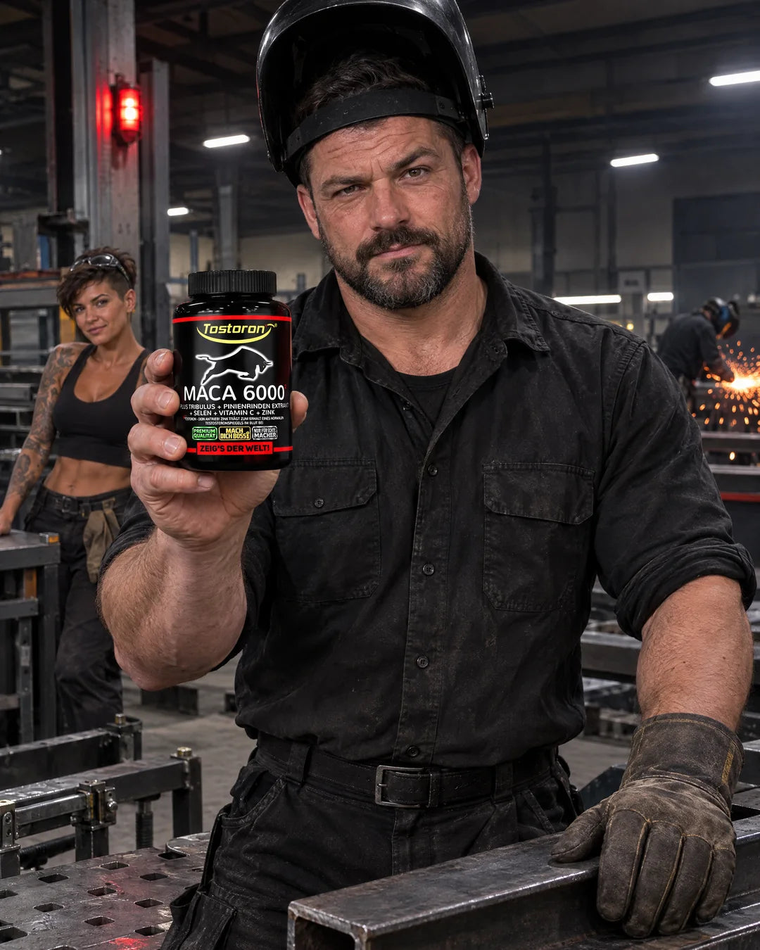 KI-generiertes Bild: Metallbauer in der Werkhalle hält eine Dose Tostoron MACA 6000, hinter ihm eine Kollegin an der Werkbank